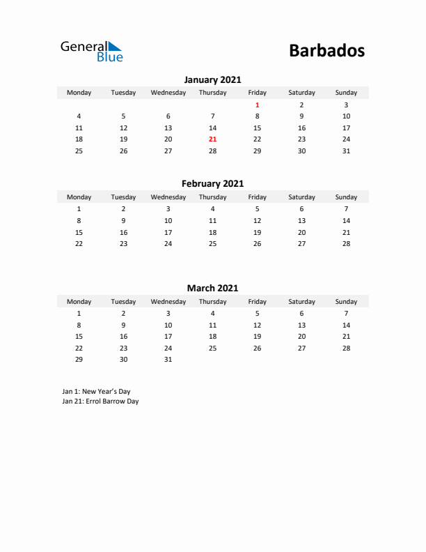 Printable Quarterly Calendar with Notes and Barbados Holidays- Q1 of 2021