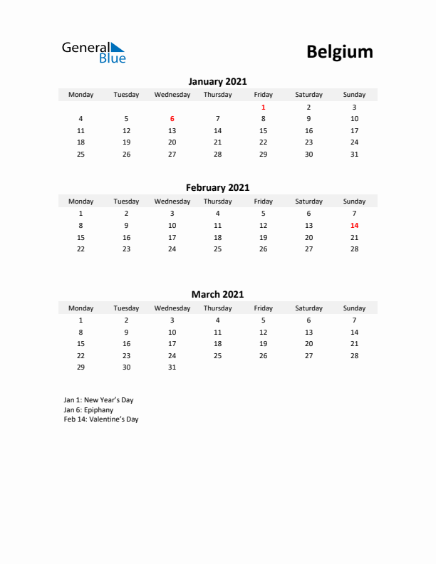 Printable Quarterly Calendar with Notes and Belgium Holidays- Q1 of 2021