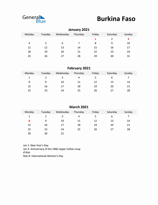 Printable Quarterly Calendar with Notes and Burkina Faso Holidays- Q1 of 2021