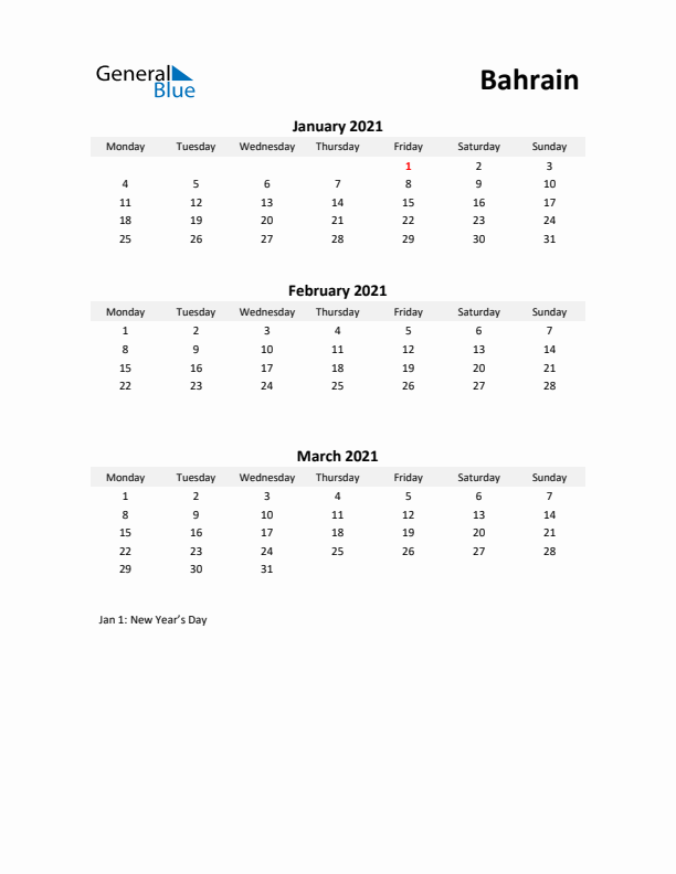 Printable Quarterly Calendar with Notes and Bahrain Holidays- Q1 of 2021