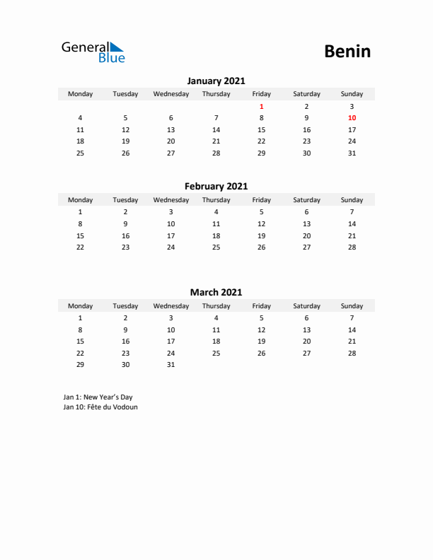 Printable Quarterly Calendar with Notes and Benin Holidays- Q1 of 2021