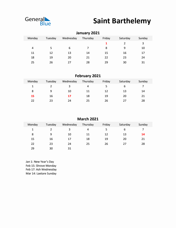 Printable Quarterly Calendar with Notes and Saint Barthelemy Holidays- Q1 of 2021