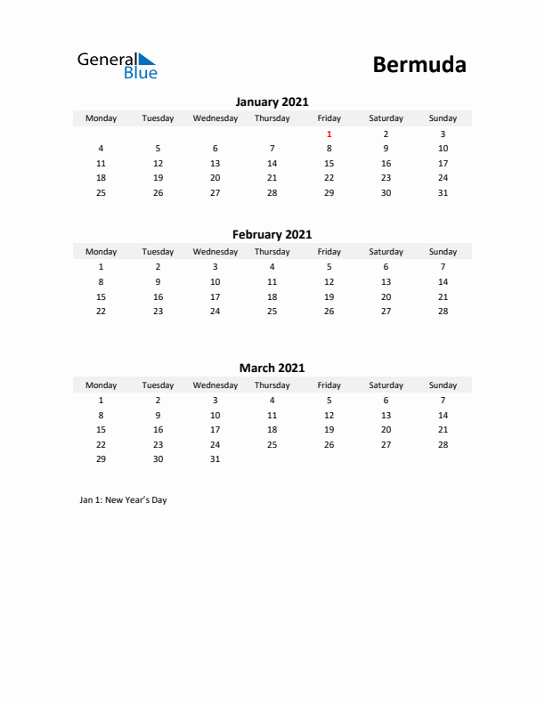 Printable Quarterly Calendar with Notes and Bermuda Holidays- Q1 of 2021