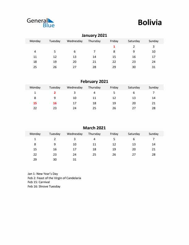 Printable Quarterly Calendar with Notes and Bolivia Holidays- Q1 of 2021