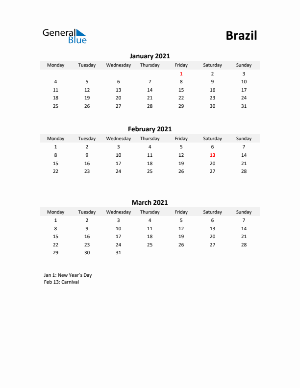 Printable Quarterly Calendar with Notes and Brazil Holidays- Q1 of 2021