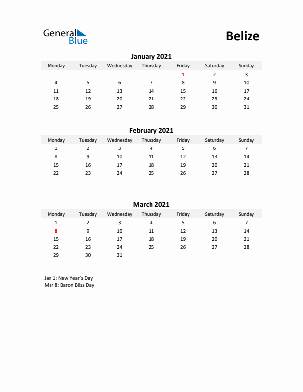 Printable Quarterly Calendar with Notes and Belize Holidays- Q1 of 2021