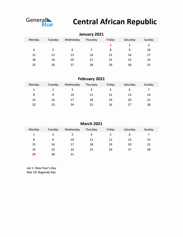 Printable Quarterly Calendar with Notes and Central African Republic Holidays- Q1 of 2021