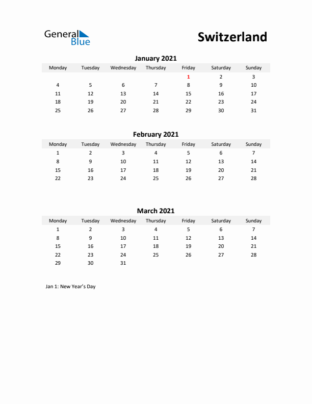 Printable Quarterly Calendar with Notes and Switzerland Holidays- Q1 of 2021