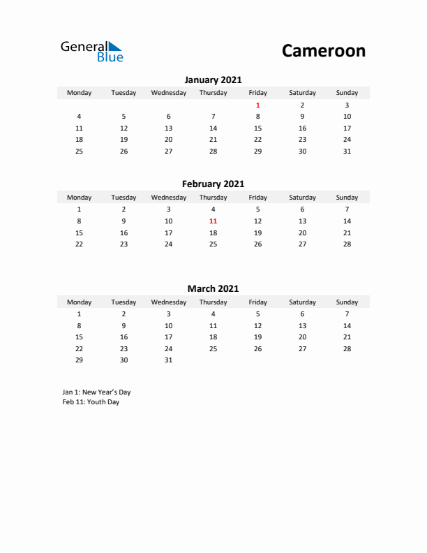 Printable Quarterly Calendar with Notes and Cameroon Holidays- Q1 of 2021