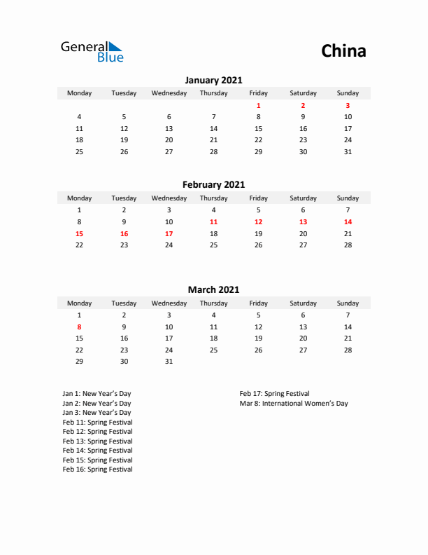 Printable Quarterly Calendar with Notes and China Holidays- Q1 of 2021