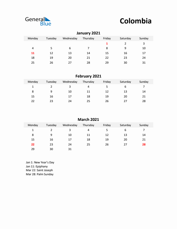 Printable Quarterly Calendar with Notes and Colombia Holidays- Q1 of 2021