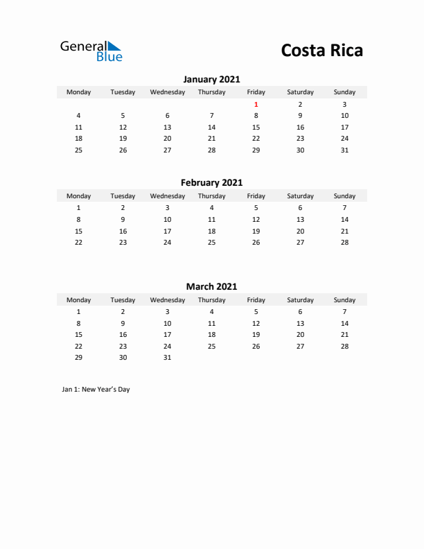 Printable Quarterly Calendar with Notes and Costa Rica Holidays- Q1 of 2021