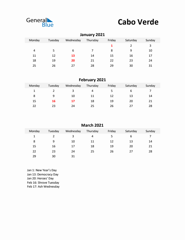 Printable Quarterly Calendar with Notes and Cabo Verde Holidays- Q1 of 2021