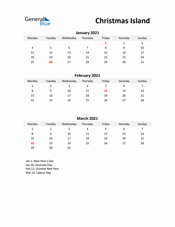 Printable Quarterly Calendar with Notes and Christmas Island Holidays- Q1 of 2021