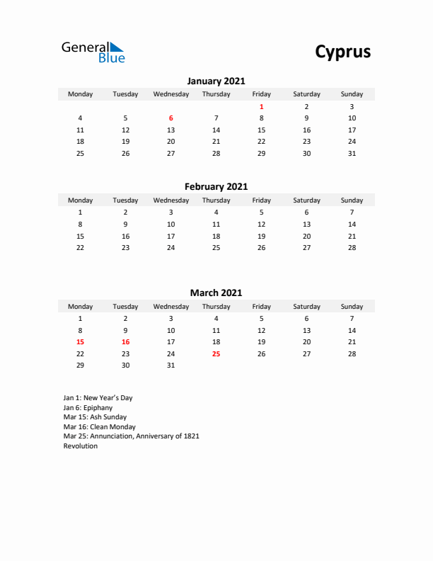 Printable Quarterly Calendar with Notes and Cyprus Holidays- Q1 of 2021