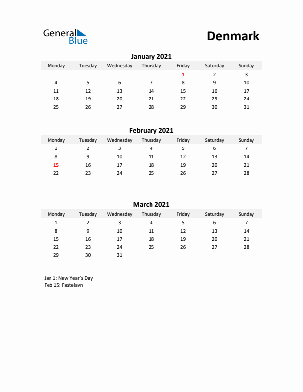 Printable Quarterly Calendar with Notes and Denmark Holidays- Q1 of 2021