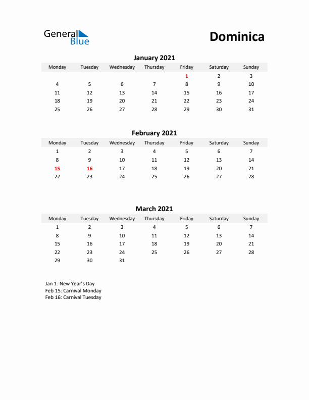 Printable Quarterly Calendar with Notes and Dominica Holidays- Q1 of 2021