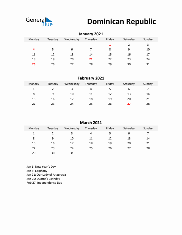 Printable Quarterly Calendar with Notes and Dominican Republic Holidays- Q1 of 2021