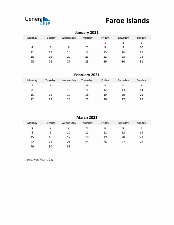 Printable Quarterly Calendar with Notes and Faroe Islands Holidays- Q1 of 2021