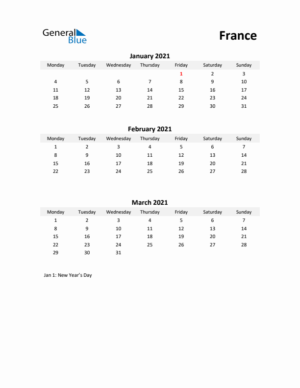 Printable Quarterly Calendar with Notes and France Holidays- Q1 of 2021