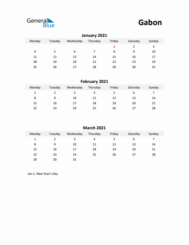 Printable Quarterly Calendar with Notes and Gabon Holidays- Q1 of 2021