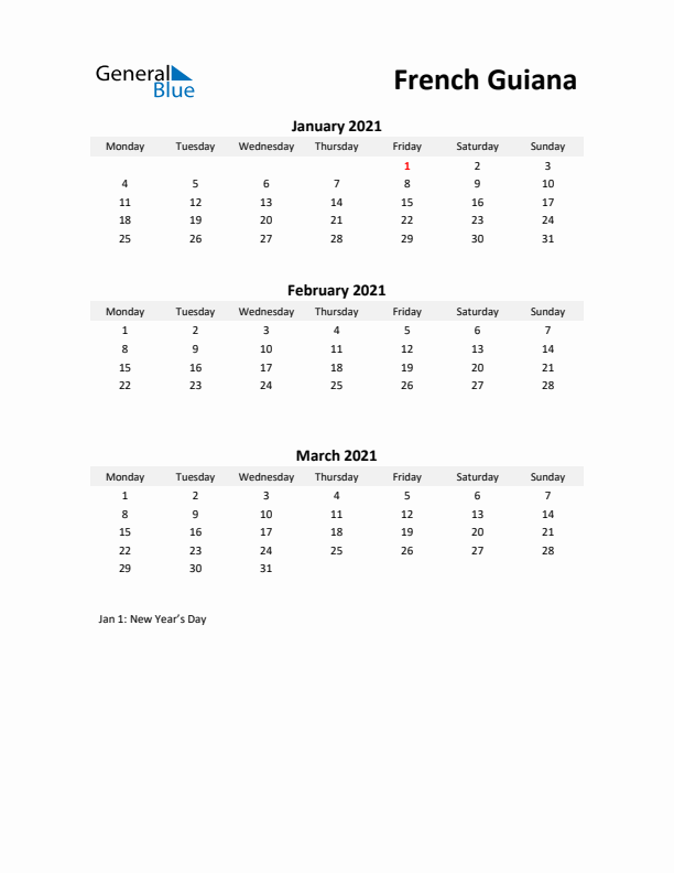 Printable Quarterly Calendar with Notes and French Guiana Holidays- Q1 of 2021