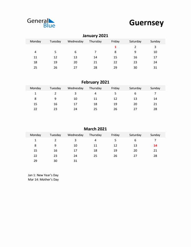 Printable Quarterly Calendar with Notes and Guernsey Holidays- Q1 of 2021