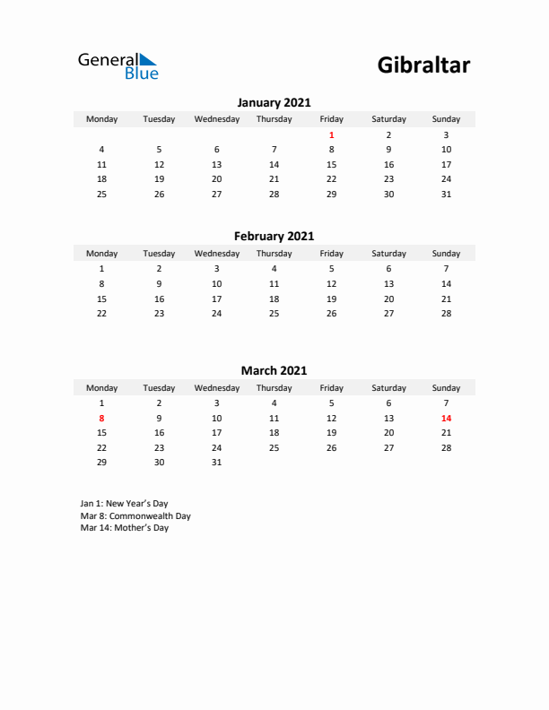 Printable Quarterly Calendar with Notes and Gibraltar Holidays- Q1 of 2021