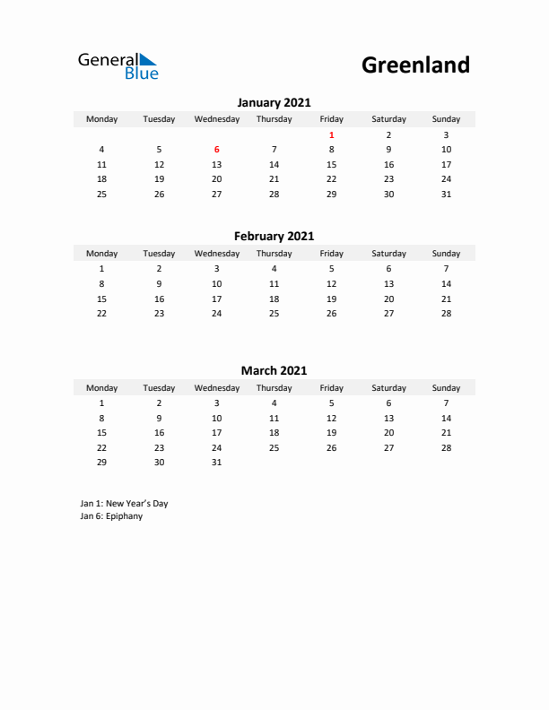 Printable Quarterly Calendar with Notes and Greenland Holidays- Q1 of 2021