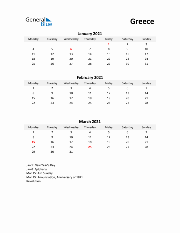 Printable Quarterly Calendar with Notes and Greece Holidays- Q1 of 2021