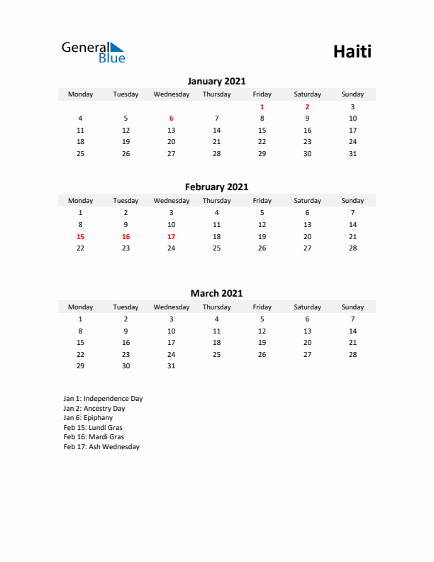 Printable Quarterly Calendar with Notes and Haiti Holidays- Q1 of 2021