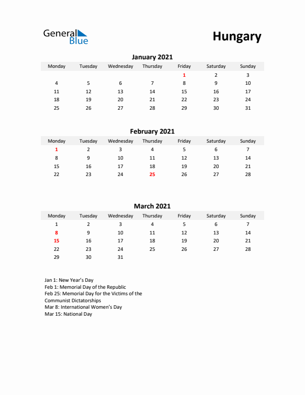 Printable Quarterly Calendar with Notes and Hungary Holidays- Q1 of 2021