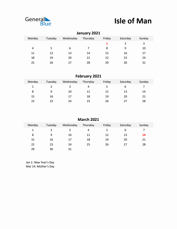 Printable Quarterly Calendar with Notes and Isle of Man Holidays- Q1 of 2021