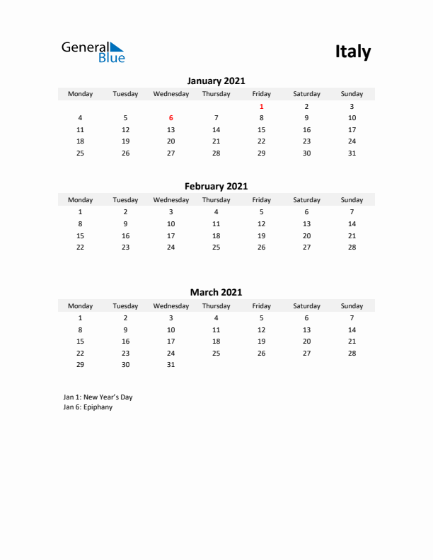 Printable Quarterly Calendar with Notes and Italy Holidays- Q1 of 2021