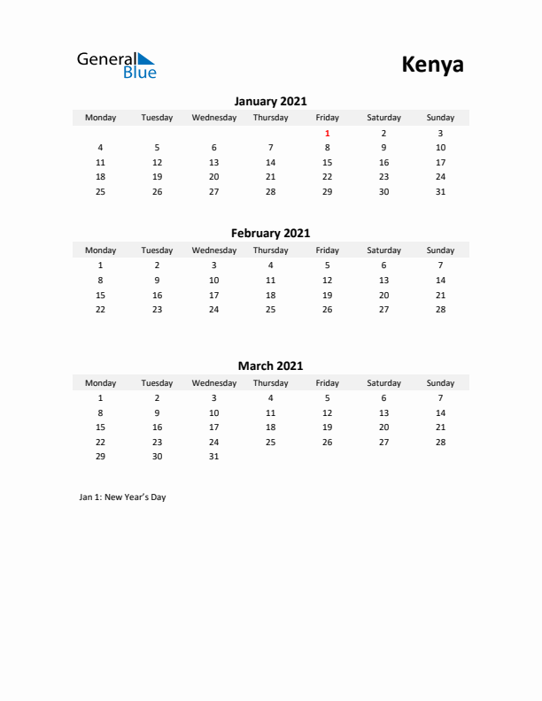 Printable Quarterly Calendar with Notes and Kenya Holidays- Q1 of 2021