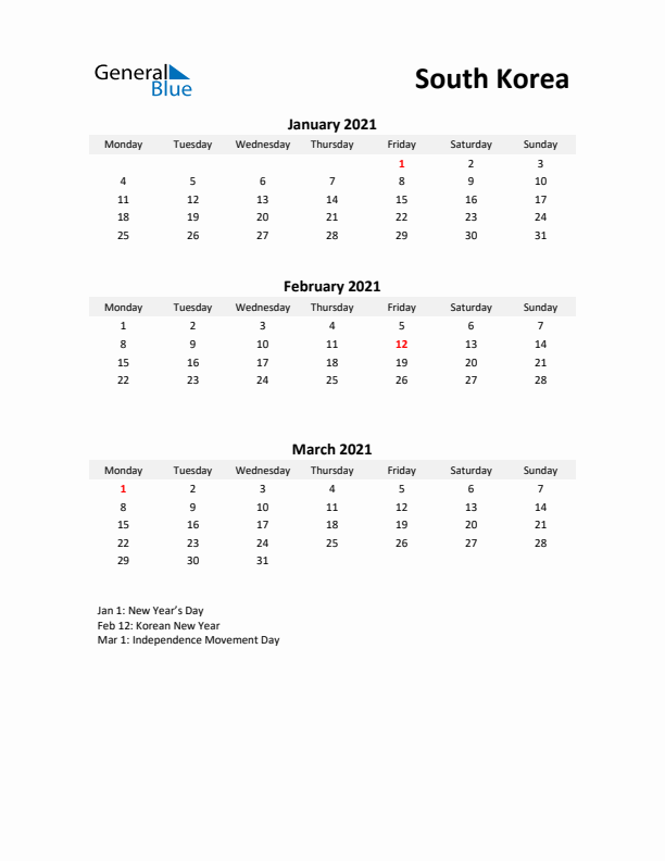 Printable Quarterly Calendar with Notes and South Korea Holidays- Q1 of 2021