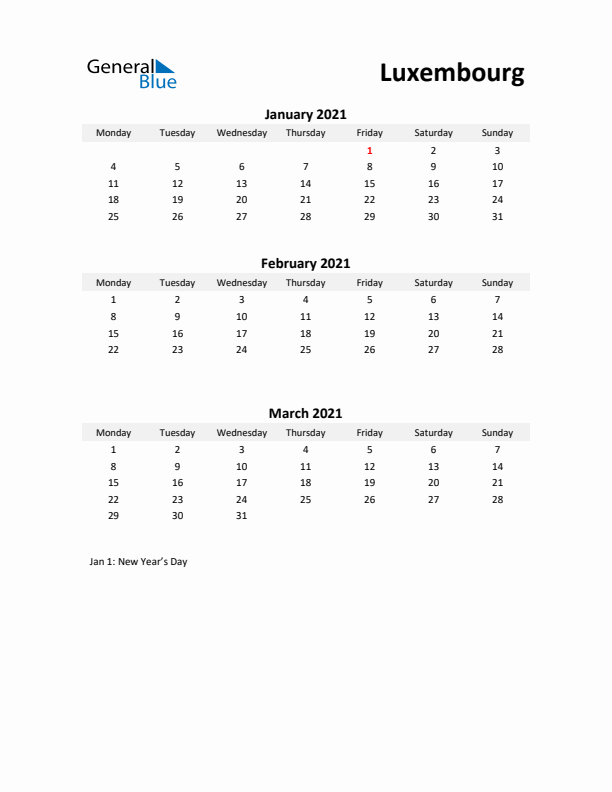 Printable Quarterly Calendar with Notes and Luxembourg Holidays- Q1 of 2021