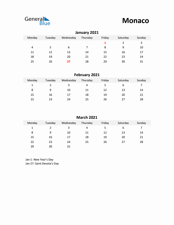 Printable Quarterly Calendar with Notes and Monaco Holidays- Q1 of 2021