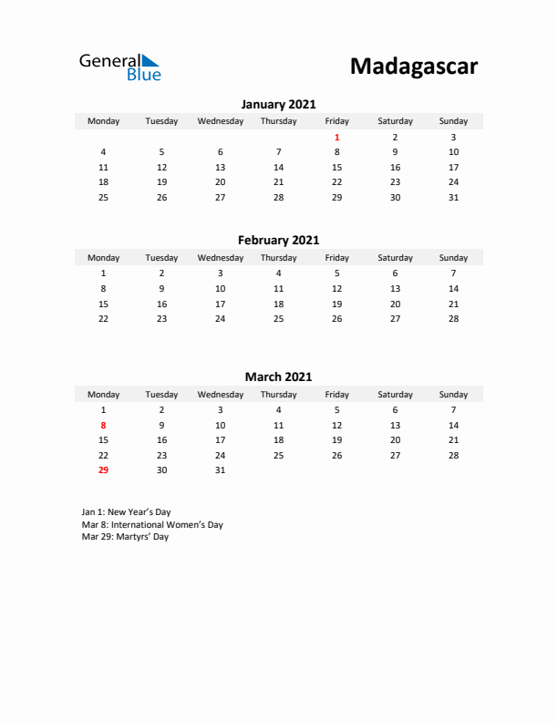 Printable Quarterly Calendar with Notes and Madagascar Holidays- Q1 of 2021