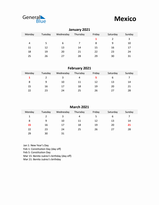 Printable Quarterly Calendar with Notes and Mexico Holidays- Q1 of 2021