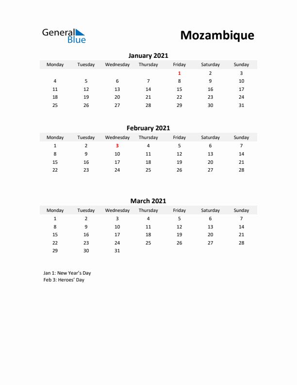 Printable Quarterly Calendar with Notes and Mozambique Holidays- Q1 of 2021