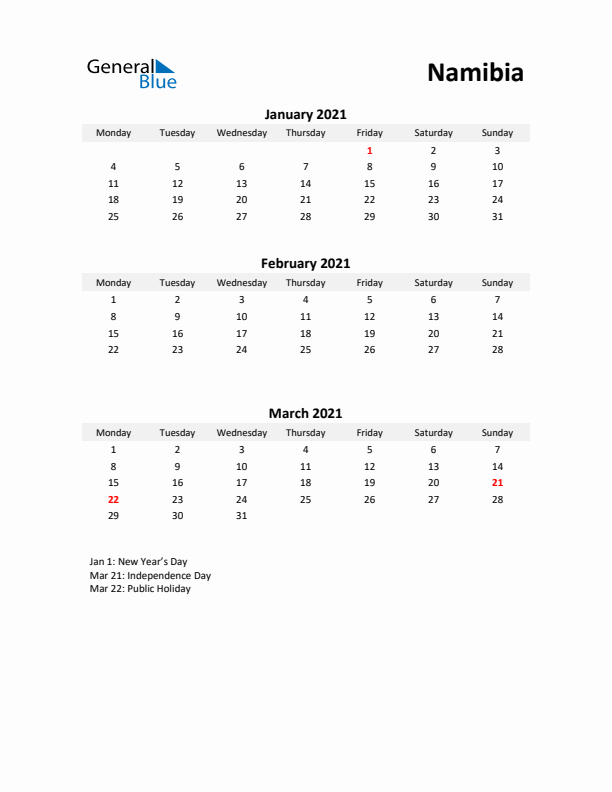 Printable Quarterly Calendar with Notes and Namibia Holidays- Q1 of 2021