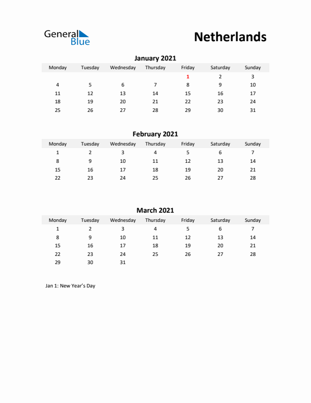 Printable Quarterly Calendar with Notes and The Netherlands Holidays- Q1 of 2021