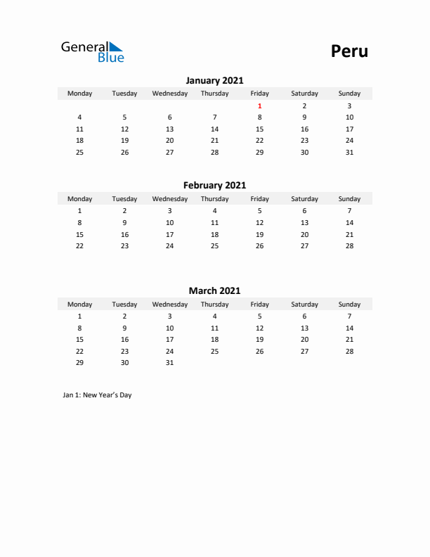 Printable Quarterly Calendar with Notes and Peru Holidays- Q1 of 2021