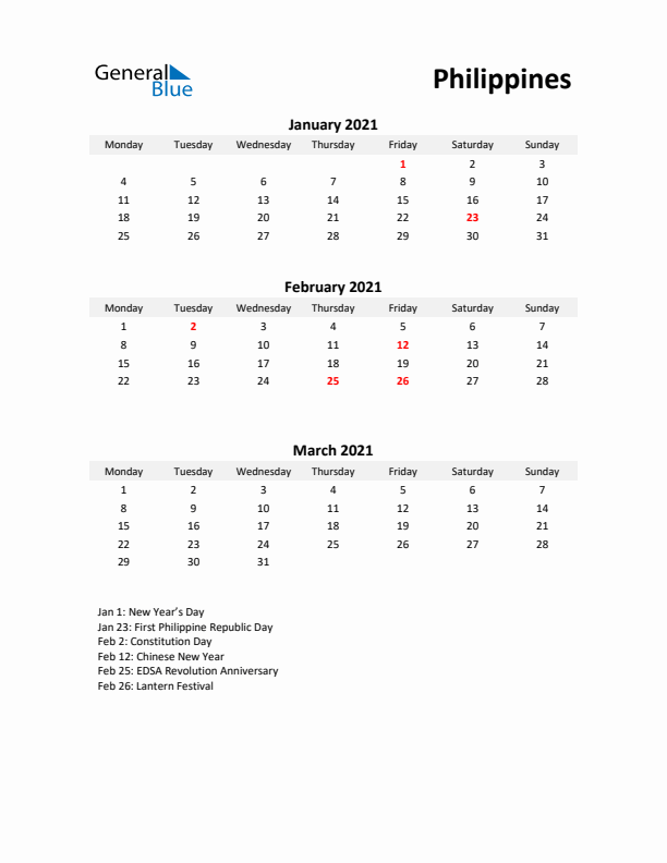 Printable Quarterly Calendar with Notes and Philippines Holidays- Q1 of 2021