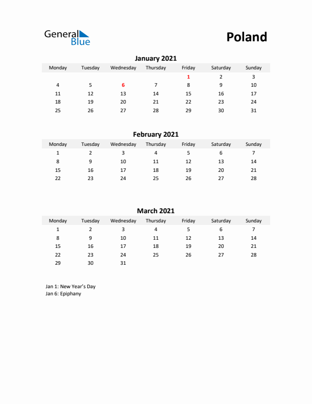 Printable Quarterly Calendar with Notes and Poland Holidays- Q1 of 2021