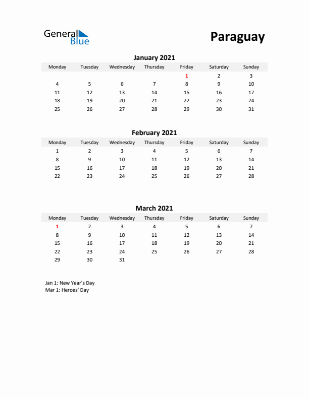 Printable Quarterly Calendar with Notes and Paraguay Holidays- Q1 of 2021