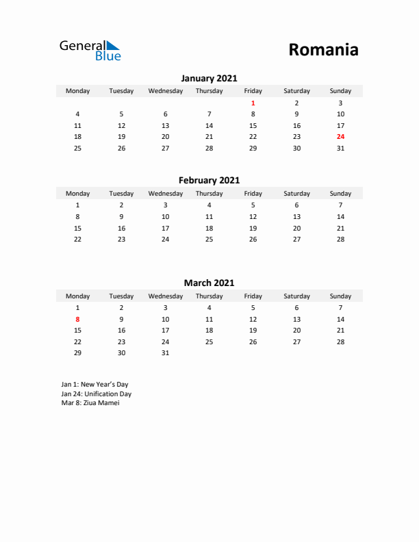 Printable Quarterly Calendar with Notes and Romania Holidays- Q1 of 2021