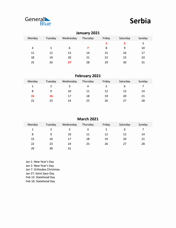 Printable Quarterly Calendar with Notes and Serbia Holidays- Q1 of 2021