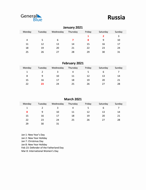 Printable Quarterly Calendar with Notes and Russia Holidays- Q1 of 2021